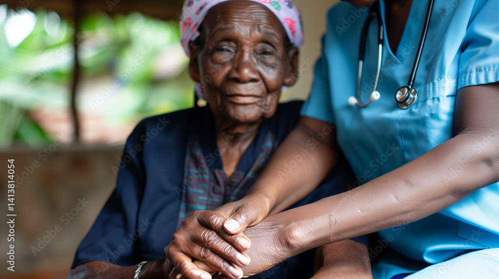 Nurse holds elderly woman’s hand in supportive gesture.