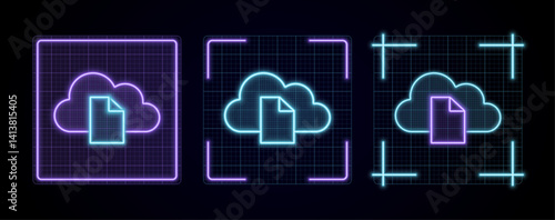 Cloud file illustration, cyber neon visual, glowing border grid vector.