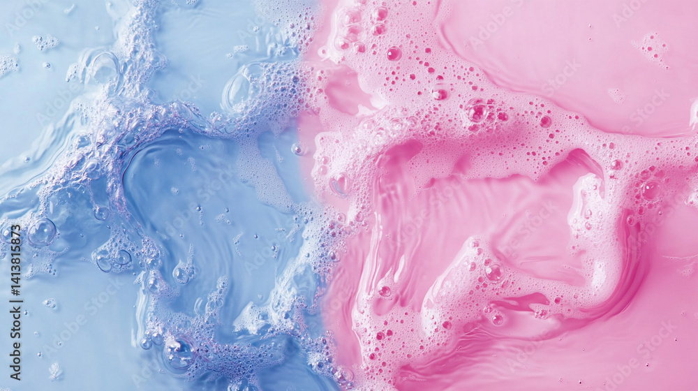 Trendy summer nature banner with pastel liquid colored water surface texture defocused and bright bubbles and splashes create a clean sunny wave scene with space for text or product display