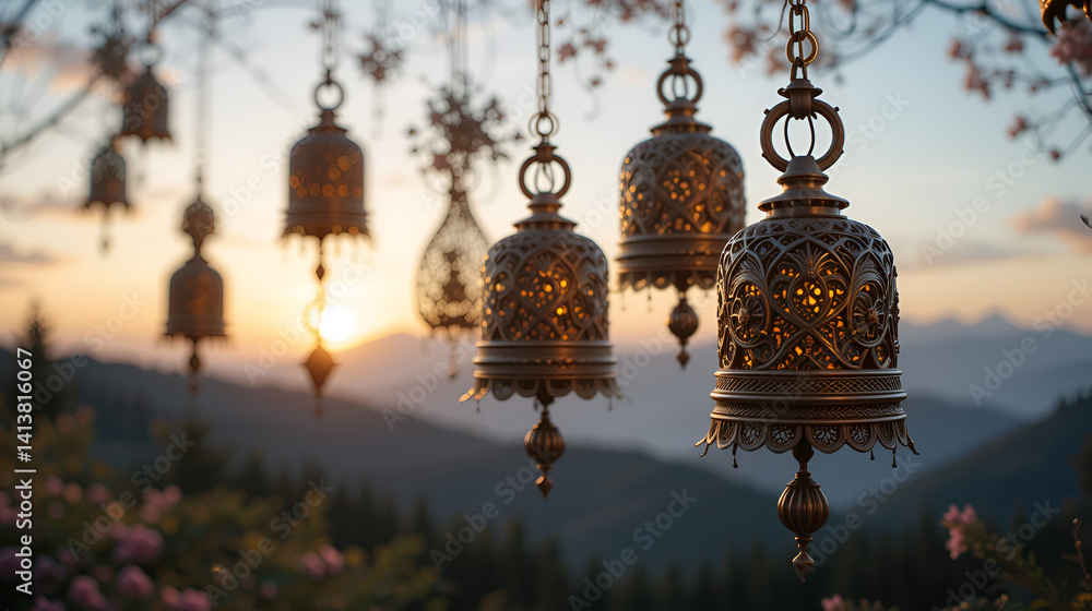 Obraz premium Unique Ornamental Bells Hanging in Serene Outdoor Setting at Dawn.