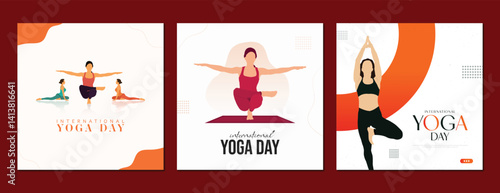 International, yoga day, greeting and wishing social media post design vector file with yoga pose, silhouette, exercise,