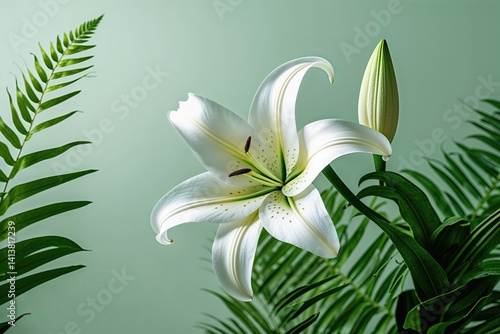 Beautiful White Lily Petal Isolated on Soft Fern Green Background