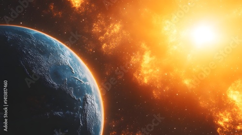 Vibrant sun and Earth in the depths of space