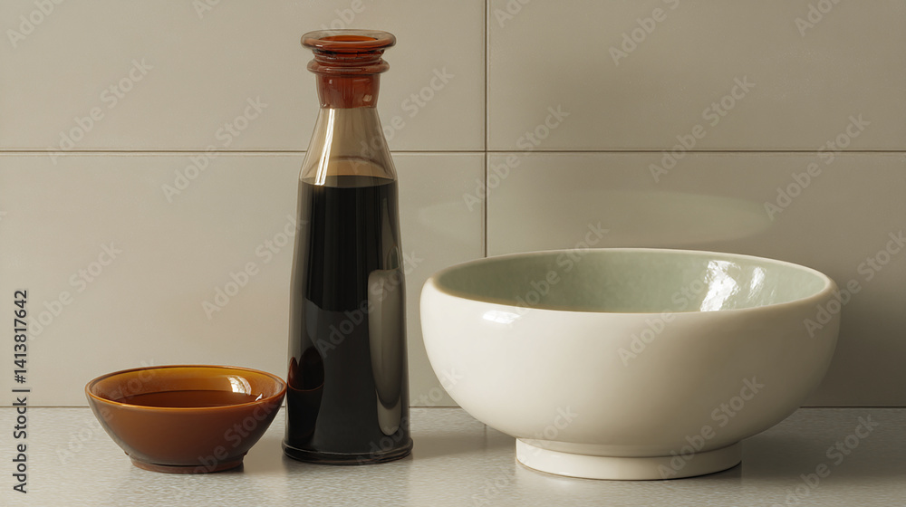Vinegar bottle and bowl with soft gloss clean arrangement