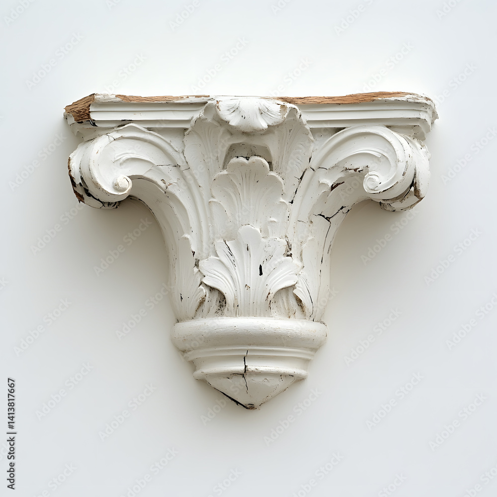 Fototapeta premium Distressed White Plaster Corbel with Acanthus Leaf Carvings