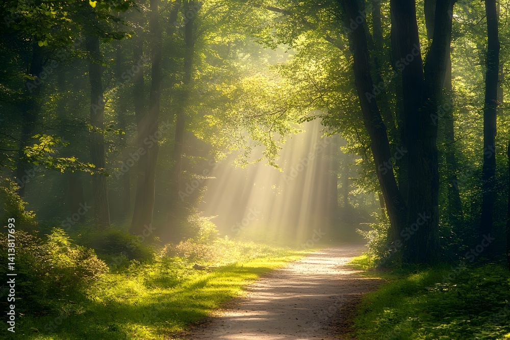 Tranquil Walkway Under a Canopy of Sunlit Trees Tranquil Walkway Under a Canopy of Sunlit Trees