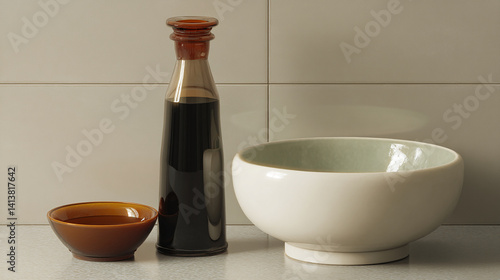 Obraz na płótnie Vinegar bottle and bowl with soft gloss clean arrangement w salonie