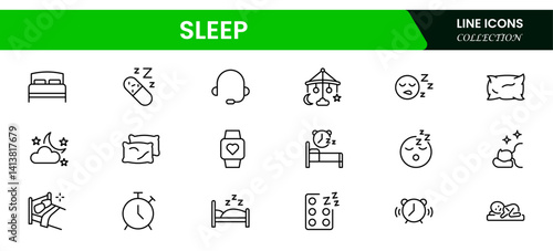 Sleep line icon set. Sleeping person, sleep, night rest, bed, pillow, sleeping pills, earplugs, moon, lullaby, bedtime story and more. Vector pictogram collection.