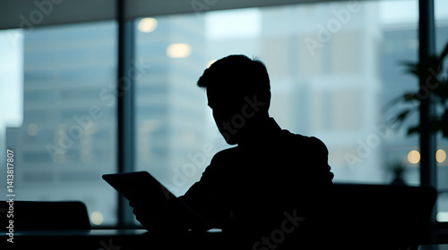 Silhouette of a businessman without a face sitting at a table with an electronic tablet in blur with light correction. Background and basis for footage