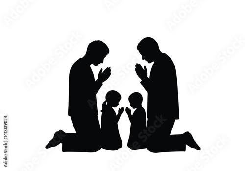 Family praying silhouette. This image showcases a black silhouette of a family kneeling and praying together. Vector clipart black illustration design.