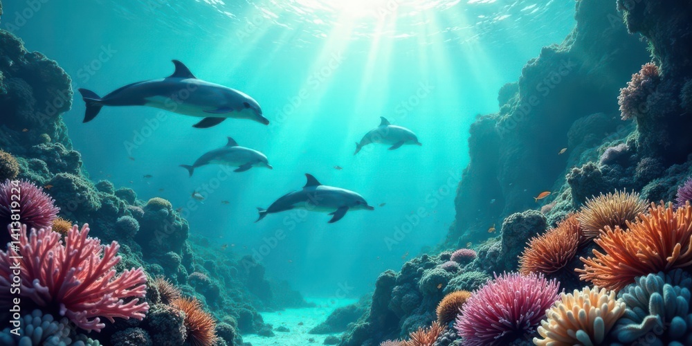 Naklejka premium Oceanic Serenity Dolphins Gracefully Navigate a Vibrant Coral Reef Ecosystem