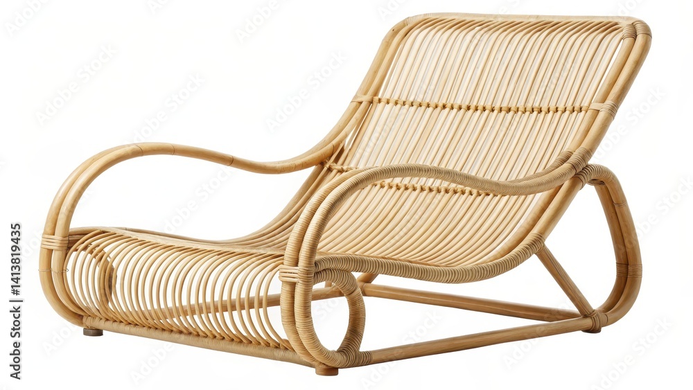 Stylish wicker lounge chair with a curved design., Sustainable Furniture concept Stylish wicker lounge chair with a curved design., Sustainable Furniture concept
