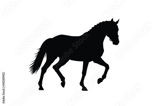 Dressage horse silhouette. This image depicts a black silhouette of a dressage horse in a poised trot, highlighting balance, grace, and equestrian elegance. Vector clipart black illustration design.