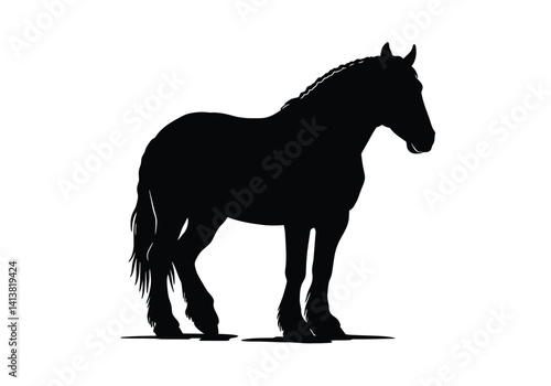 Draft horse silhouette. This image depicts a robust draft horse, also called a workhorse or heavy horse, showcasing strength and rural tradition. Vector clipart black illustration design.