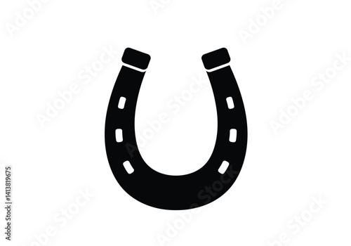 Horse shoe silhouette. This image shows a black silhouette of a horseshoe, which is a U-shaped metal plate used to protect horse hooves. Vector clipart black illustration design.