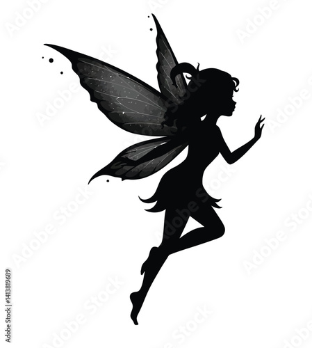 Pixie silhouette. This image shows a black silhouette of a pixie with delicate wings, also known as a fairy or sprite, symbolizing fantasy and enchantment. Vector clipart black illustration design.