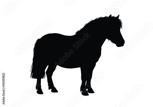 Shetland pony silhouette. A black silhouette image of a Shetland pony, also known as a small horse breed, symbolizing rustic charm and equestrian beauty. Vector clipart black illustration design.