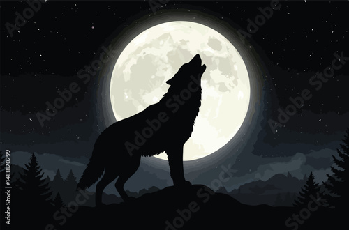 Silhouette of a wolf howling at the moon. Lupine nocturnal scene showcasing haunting wilderness, celestial beauty, and majestic primal posture. Vector clipart black illustration design.
