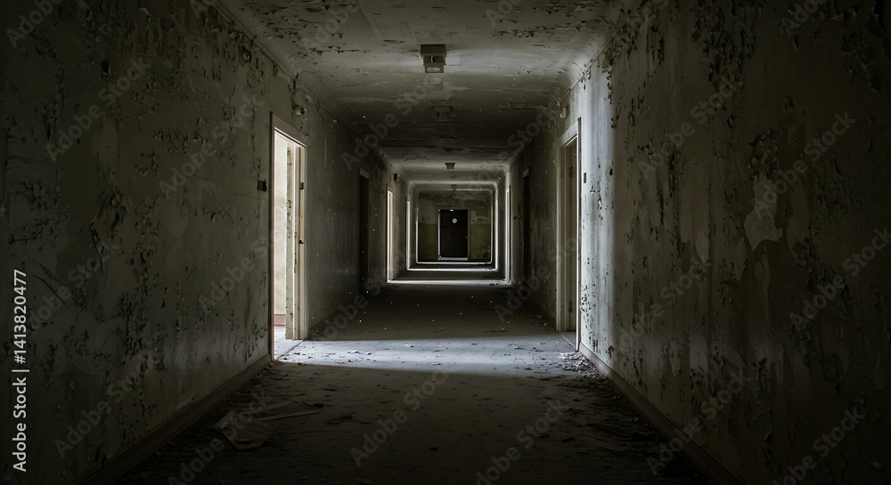 Empty abandoned hallway tunnel passage with debris. Abandoned haunted asylum interior. abandoned empty hallway of classic hotel corridor. background in perspective. Empty abandoned hallway tunnel passage with debris. Abandoned haunted asylum interior. abandoned empty hallway of classic hotel corridor. background in perspective.