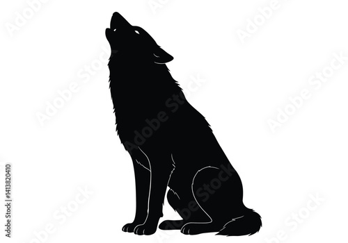 Sitting howling wolf silhouette. Lupine predator showcasing majestic posture, fierce wilderness, and primal strength under a nocturnal moonlit scene. Vector clipart black illustration design.