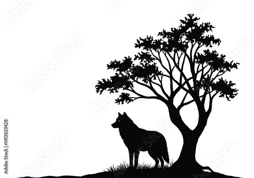 Wolf and tree silhouette. Lupine predator standing beneath woodland branches, symbolizing wilderness, serene nature, and nocturnal beauty. Vector clipart black illustration design.