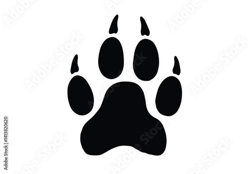 Wolf paw print silhouette. This design depicts a bold animal track, also known as a wolf footprint or trail, symbolizing wilderness and movement. Vector clipart black illustration design.