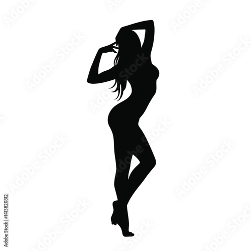 Exotic dancer silhouette. Stylish pose showcasing elegance, fluid movement, and rhythmic expression. Vector clipart black illustration design.