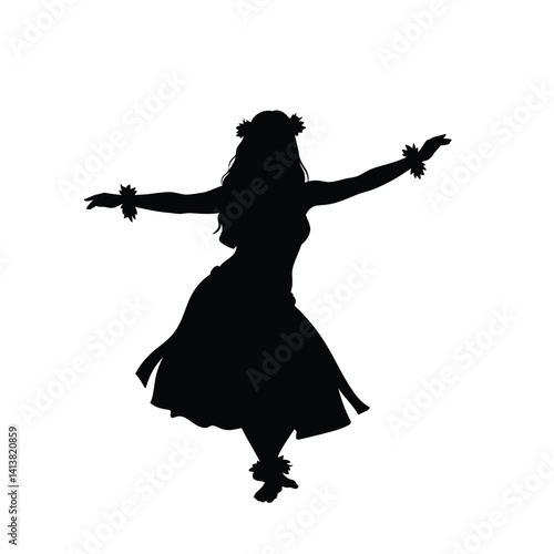 Hula dancer silhouette. Hawaiian dance figure showcasing traditional elegance, rhythmic motion, and cultural artistry. Vector clipart black illustration design.