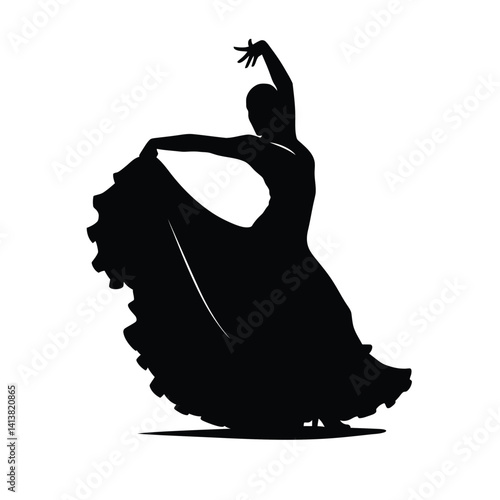 Flamenco dancer silhouette. Spanish dance figure showcasing traditional elegance and rhythmic artistry. Vector clipart black illustration design.
