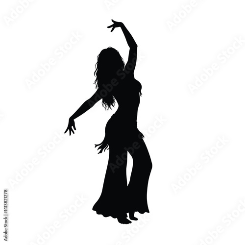 Belly dancer silhouette. Belly dance illustration showcasing rhythmic movement and elegant posture. Vector clipart black illustration design.