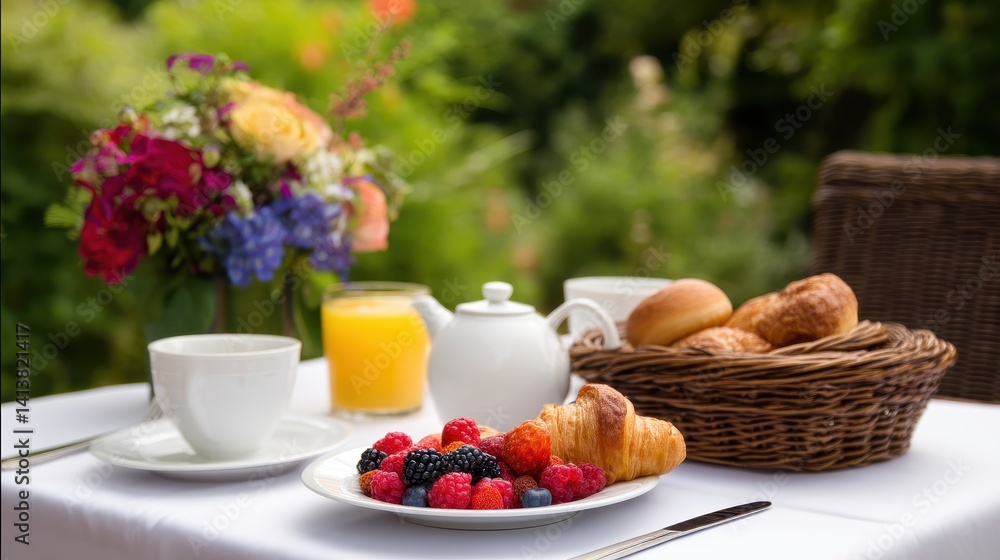 Elegant outdoor breakfast setting with fresh pastries, berries, and beverages surrounded by greenery Elegant outdoor breakfast setting with fresh pastries, berries, and beverages surrounded by greenery
