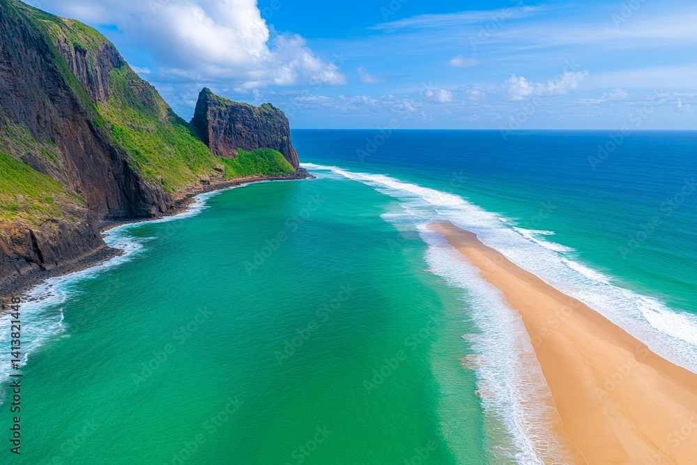 A beach in Fernando de Noronha, Brazil, with crystal-clear turquoise water and dramatic cliffs