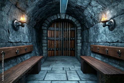 A castle with a massive underground dungeon, lit by flickering torches and iron bars on the cells