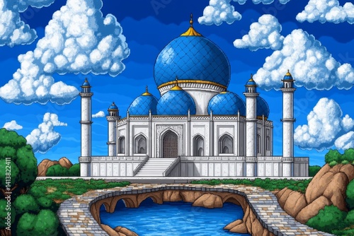 A classic 16-bit pixel-art version of the Taj Mahal, reflecting beautifully in a river
