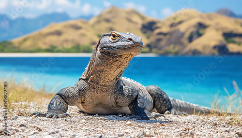 Reptile iguana crawling on white sand

