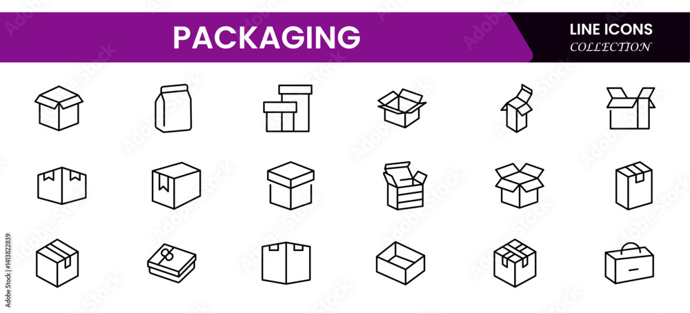 Package box line icon vector set. Containing open cardboard, fast delivery box, container, parcel protection, storage, good packing, fragile, wrapped, offer, processed, product shipping, merchandise Package box line icon vector set. Containing open cardboard, fast delivery box, container, parcel protection, storage, good packing, fragile, wrapped, offer, processed, product shipping, merchandise
