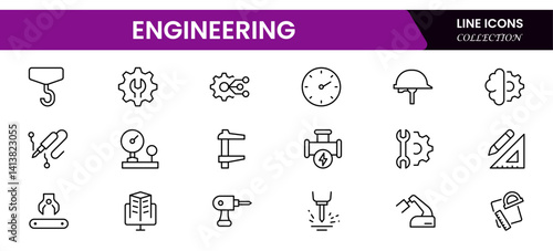 Engineering and manufacturing line icons collection. Big UI icon set in a flat design. Thin outline icons pack.