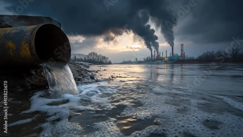Industrial Water Pollution: A dark and brooding image depicting industrial pollution seeping into a river, with billowing dark smoke from factories in the background.