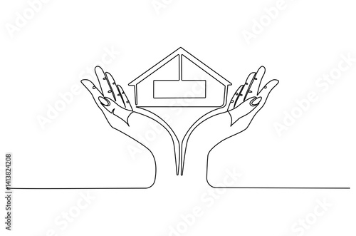 Continuous one line drawing of Hand with house. Single line drawing illustration of house with hand. Dream house concept vector art. Doodle line illustration.