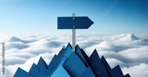 Paper cutout of empty signpost on mountaintop above clouds deep navy and bright silver symbolizing guidance in unreachable places