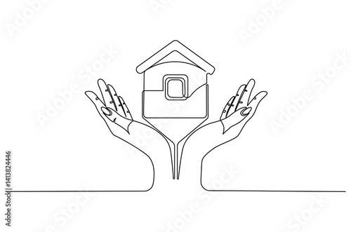 Continuous one line drawing of Hand with house. Single line drawing illustration of house with hand. Dream house concept vector art. Doodle line illustration.