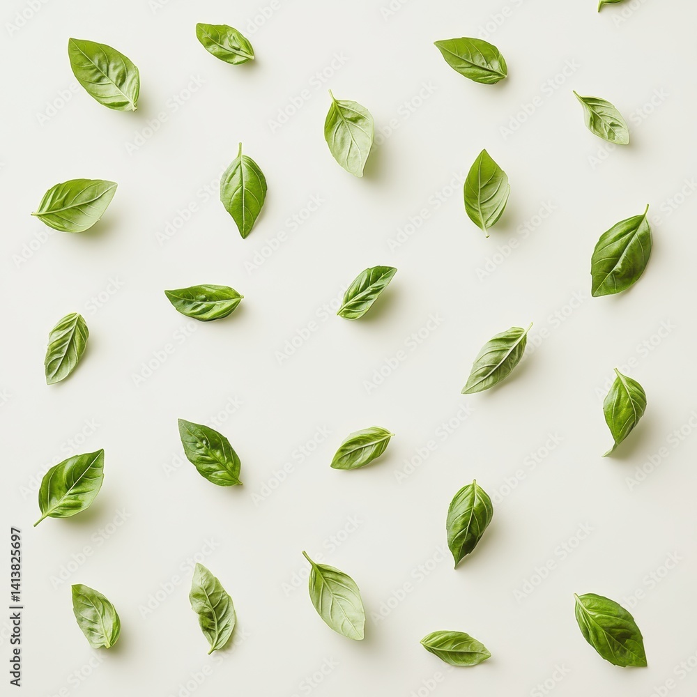 Fresh basil leaves pattern on white background Fresh basil leaves pattern on white background