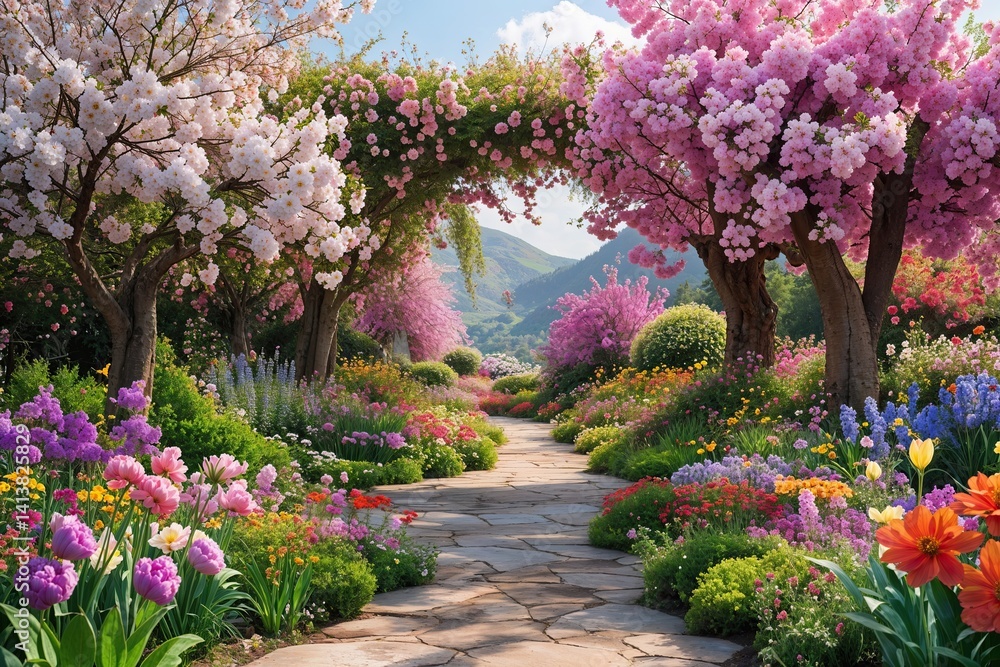 Obraz premium Enchanting Flower Wonderland with Vibrant Blooms and Lively Spring Atmosphere