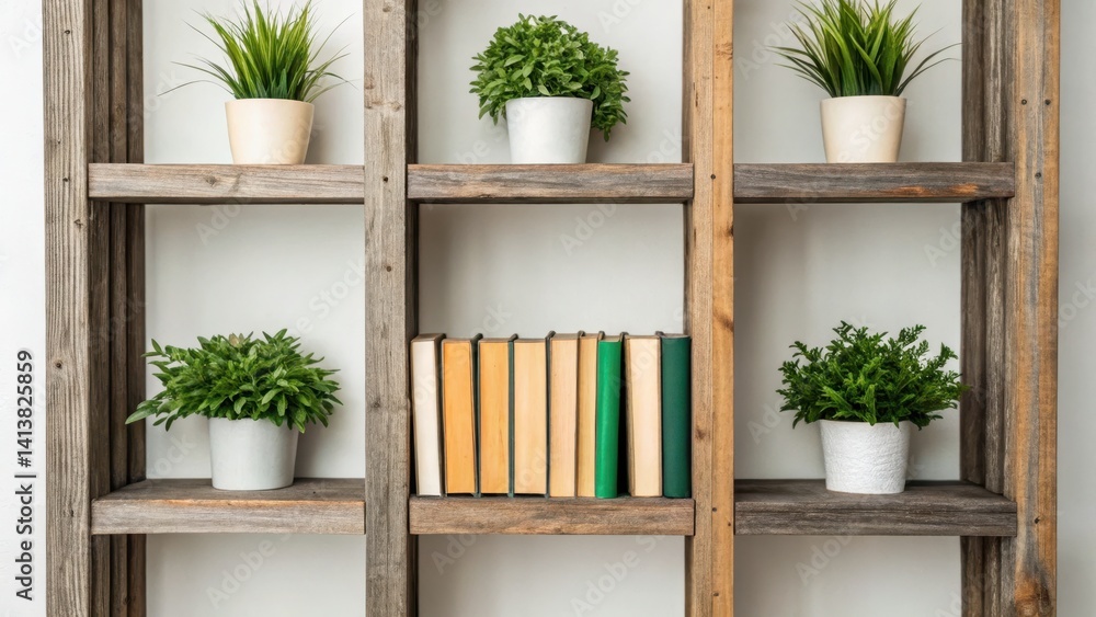 Books and plants arranged on a rustic wooden shelf., Sustainable Furniture concept Books and plants arranged on a rustic wooden shelf., Sustainable Furniture concept