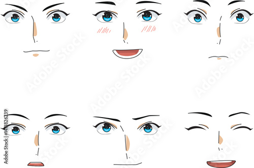 Facial Expressions Man Front Look 6 Set Vector