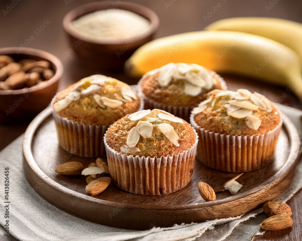 Almond flour banana muffins on wooden tray Almond flour banana muffins on wooden tray