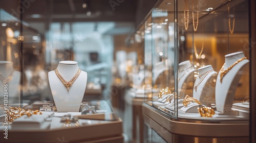 Luxury Gold Jewelry Showcase: Exquisite Necklaces and Bracelets on Display in Upscale Store