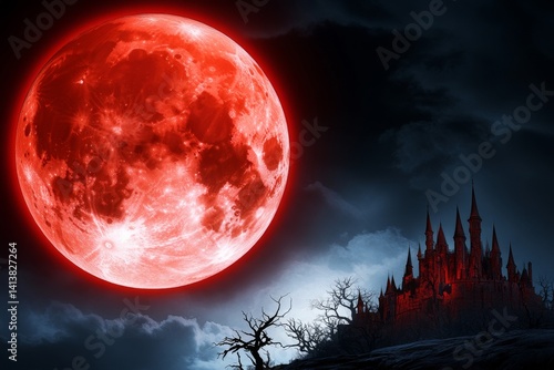 A haunted castle-fort, where ghostly knights patrol the crumbling battlements under a blood-red moon