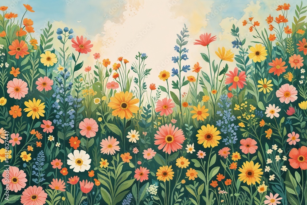 Obraz premium Vibrant Floral Background Illustration Bright Cheerful Summer Meadow Design