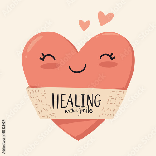 Smiling Bandaged Heart: Vector Graphic for Healthcare. International Nurses Day Illustration of Happy Heart Healing with Care. Medical recovery and positive attitude concept for greetings and support.